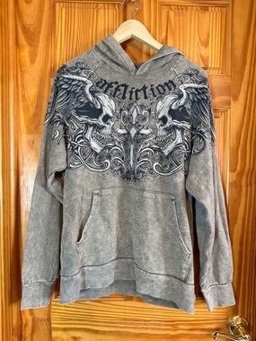 Affliction Men's Gray/Tan Distressed Pullover Hoodie with Skull Wing Graphic